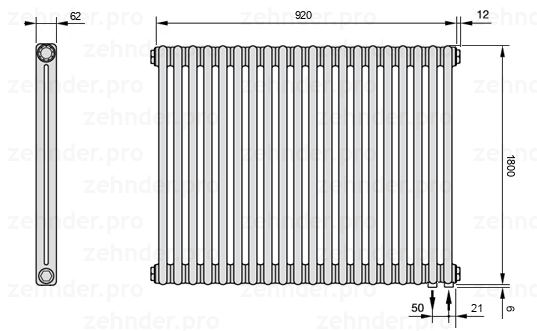 Схема (чертеж) Радиатор Zehnder Charleston 2180/20 №5510 Белый глянцевый RAL 9016